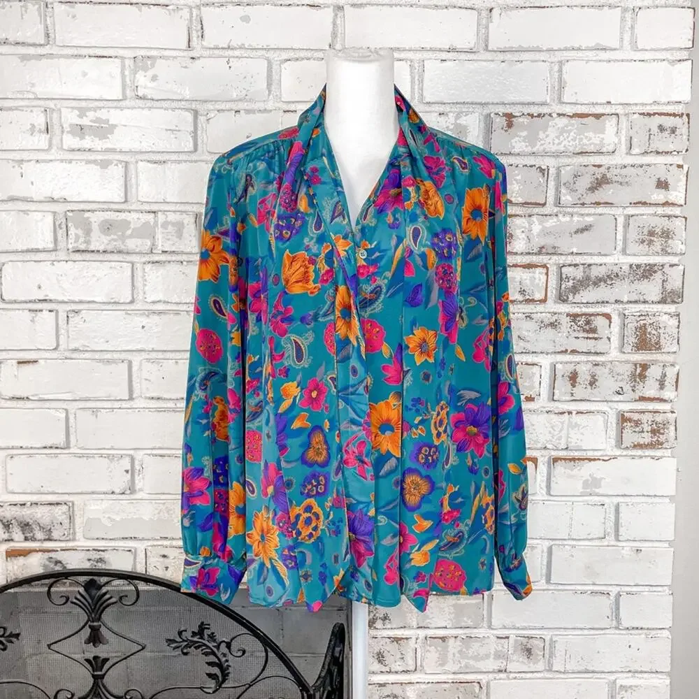 Vintage 80s Alfred Dunner Teal Pink Orange Floral Tie Neck Button Down Top 14 - Picture 1 of 9